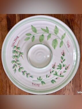 Williams Sonoma Herb Dip Plate - White with Green and Pink